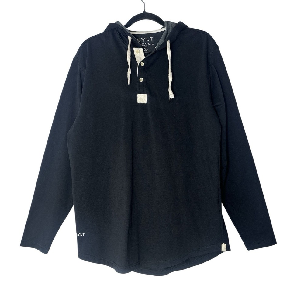 Bylt Sweatshirt Hooded Men's Large Black Drop Cut Henley Long Sleeve Basic - Picture 1 of 10